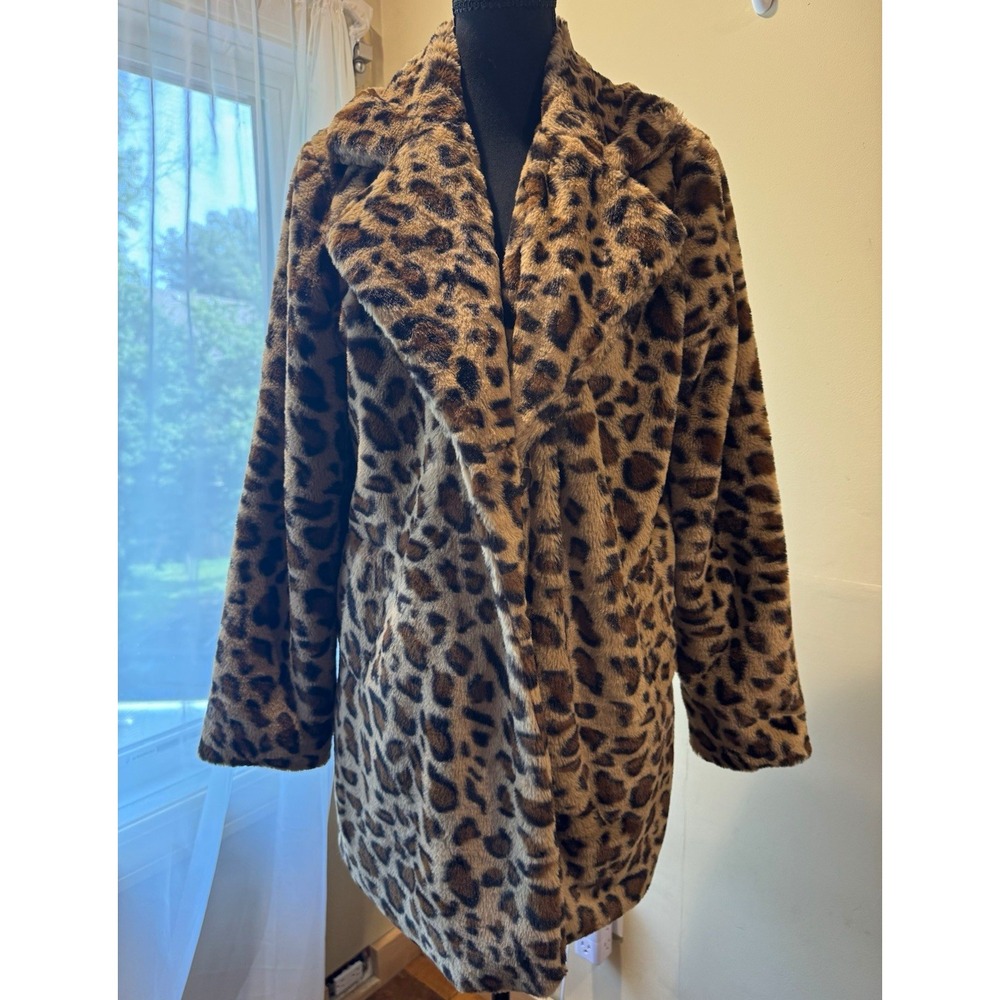 HYFVE Leopard Animal Print Lined Mid-Length Overcoat Button Collared Women M